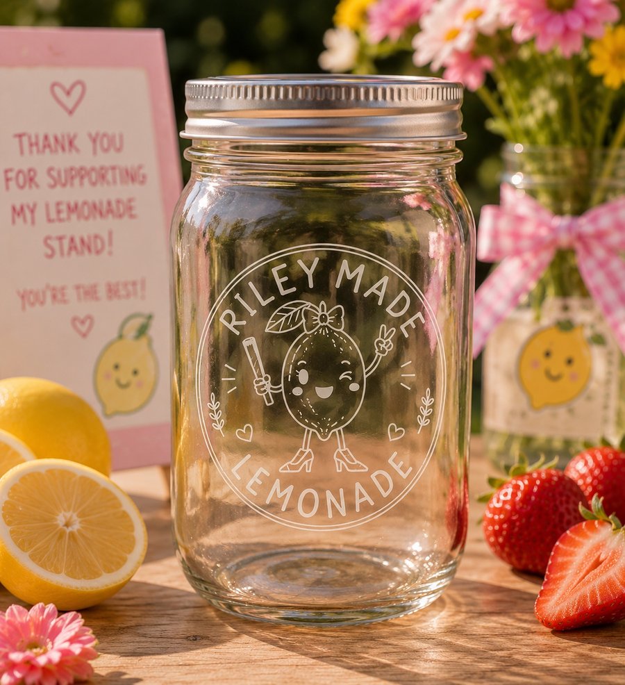 Clear etched Riley Made Lemonade mason jar with silver lid, lemons and strawberries on a sunny table