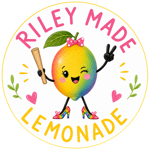 Riley Made Lemonade logo: rainbow lemon with a pink polka-dot bow, peace sign, muddler, and rainbow high heels